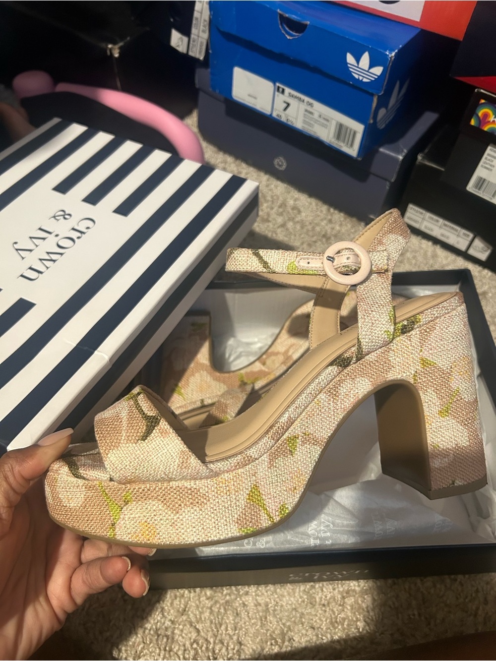 crown & ivy Pink Floral Platform Block Heel Sandals